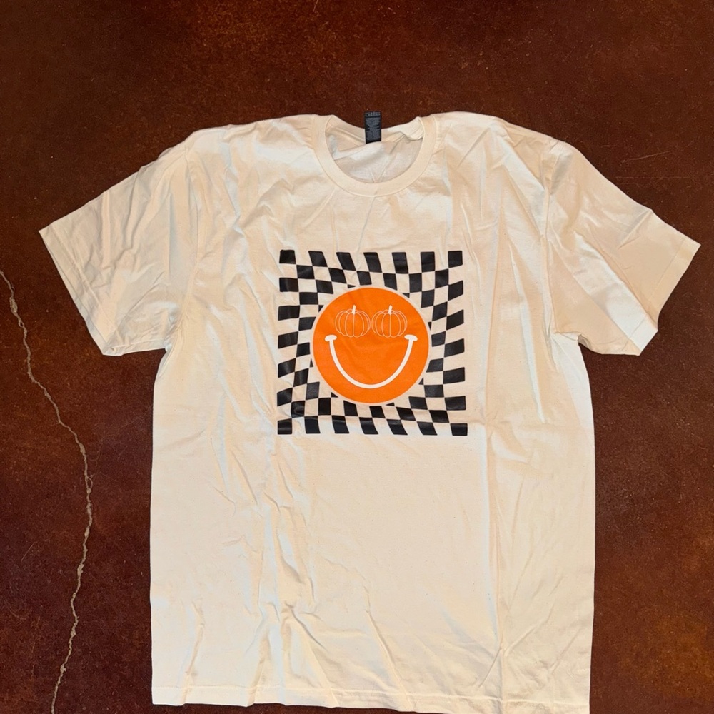 Gildan White Tee with Orange Smiley and Checkered Design